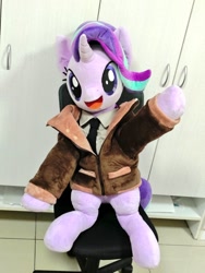 Size: 768x1024 | Tagged: safe, artist:nekokevin, starlight glimmer, pony, unicorn, series:nekokevin's glimmy, g4, clothes, female, irl, jacket, life size, looking at you, mare, necktie, open mouth, photo, plushie, raised hoof, shirt, sitting, smiling, solo, underhoof, waving