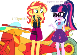 Size: 2076x1484 | Tagged: safe, artist:jcpreactyt, sci-twi, sunset shimmer, twilight sparkle, equestria girls, g4, clothes, couple, duo, duo female, female, hair, lesbian, motorcycle, ride, sci-twi skirt, ship:sci-twishimmer, ship:sunsetsparkle, shipping, simple background, skirt, standing, sunlight, together, transparent background