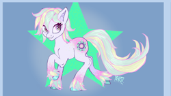 Size: 2920x1643 | Tagged: safe, artist:umbrapone, oc, oc only, oc:bass-beat, earth pony, pony, blue eyes, butt freckles, coat markings, freckles, hooves, long tail, looking at you, multicolored hair, short mane, socks (coat markings), solo, unshorn fetlocks, walking