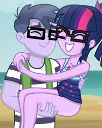 Size: 968x1208 | Tagged: safe, artist:grapefruitface1, micro chips, sci-twi, twilight sparkle, equestria girls, g4, base used, beach, carrying, clothes, duo, eyes closed, female, glasses, happy, male, microlight, one-piece swimsuit, shipping, show accurate, smiling, straight, stripes, swimsuit