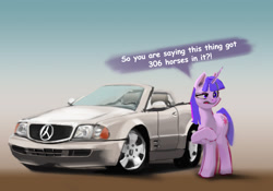 Size: 1469x1028 | Tagged: safe, artist:imadeoos, twilight sparkle, pony, unicorn, g4, car, convertible, female, mare, mercedes-benz, mercedes-benz sl-class, raised hoof, solo, text, unicorn twilight