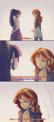 Size: 1200x2714 | Tagged: safe, artist:stummm, sci-twi, sunset shimmer, twilight sparkle, equestria girls, g4, comic, dialogue, female, implied adagio dazzle, implied lesbian, implied shipping, implied sunsagio, missing eye, mo dao zu shi, subtitles