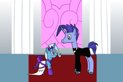 Size: 1280x854 | Tagged: safe, artist:platinumdrop, hoo'far, trixie, pony, unicorn, g4, female, male, marriage, request, ship:trixfar, shipping, straight, wedding