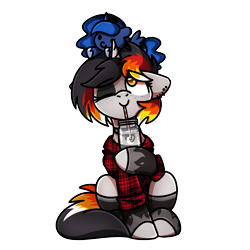 Size: 1240x1240 | Tagged: safe, artist:sugar morning, princess luna, oc, oc:moonshine, pony, unicorn, g4, alcohol, choker, clothes, collar, cute, drinking, drinking straw, ear piercing, earring, female, flannel, flannel shirt, freckles, gloves, hoofless socks, jar, jewelry, latex, latex gloves, latex socks, looking up, mare, moonshine, one eye closed, piercing, plushie, shirt, sitting, smiling, socks, stockings, thigh highs