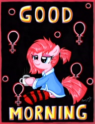 Size: 5025x6594 | Tagged: safe, artist:rammzblood, pinkie pie, earth pony, pony, g4, alternate hairstyle, clothes, coffee mug, messy mane, mug, socks, solo, striped socks