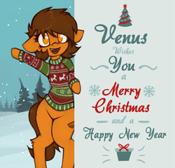 Size: 1813x1739 | Tagged: safe, artist:marsminer, oc, oc only, oc:venus spring, pony, unicorn, bipedal, card, christmas, christmas sweater, clothes, female, happy new year, holiday, looking at you, mare, merry christmas, new year, no pupils, open mouth, patreon, patreon reward, smiling, snow, solo, sweater, venus spring actually having a pretty good time, waving, winter