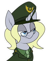 Size: 915x1168 | Tagged: safe, artist:moonatik, oc, oc only, oc:silver bullet, pony, unicorn, bust, clothes, commission, female, glasses, hat, mare, military uniform, necktie, peaked cap, simple background, solo, transparent background, uniform, us army