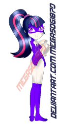 Size: 281x597 | Tagged: safe, artist:megasog1870, sci-twi, twilight sparkle, equestria girls, g4, grin, human coloration, lip bite, looking at you, looking back, looking back at you, obtrusive watermark, sci-titan, simple background, smiling, solo, superhero, transparent background, watermark