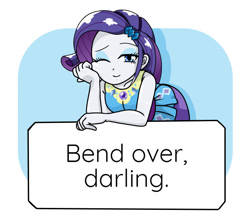 Size: 740x640 | Tagged: safe, artist:batipin, edit, rarity, equestria girls, g4, my little pony equestria girls: better together, bend over, darling, female, geode of shielding, looking at you, magical geodes, mysterious white liquid, one eye closed, rarity peplum dress, solo, text edit, wink