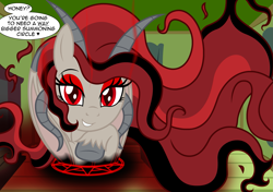 Size: 2387x1678 | Tagged: safe, artist:badumsquish, derpibooru exclusive, oc, oc only, demon, demon pony, monster pony, original species, pony, bat wings, bedroom eyes, bipedal, black magic, couch, curtains, darkness, demon wings, dialogue, evil, evil magic, female, flirting, folded wings, giant pony, glowing, grin, high res, horns, lightning, looking at you, macro, magic, magic circle, pentagram, red, red and black oc, red eyes, sharp teeth, smiling, smiling at you, solo, summoning, summoning circle, talking to viewer, teeth, unshorn fetlocks, window, wings, yelling