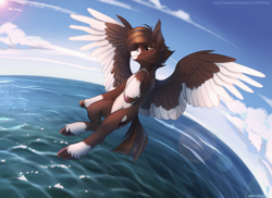 Size: 4131x3000 | Tagged: safe, artist:mithriss, oc, oc only, pegasus, pony, flying, lens flare, male, solo, stallion, unshorn fetlocks, water