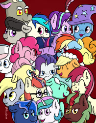 Size: 1024x1304 | Tagged: safe, artist:exobass, applejack, carrot top, cinder glow, derpy hooves, discord, dj pon-3, fluttershy, golden harvest, lyra heartstrings, moondancer, nurse redheart, octavia melody, pinkie pie, princess celestia, princess luna, rainbow dash, rarity, roseluck, starlight glimmer, summer flare, trixie, twilight sparkle, vinyl scratch, alicorn, draconequus, earth pony, kirin, pegasus, pony, unicorn, g4, background kirin, background pony, christmas, clothes, female, glasses, hat, holiday, looking at you, male, mare, santa hat, trixie's hat