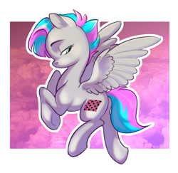 Size: 1462x1422 | Tagged: safe, artist:fault sunrise, oc, oc only, pegasus, pony, abstract background, female, flying, lidded eyes, looking back, mare, solo