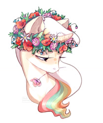 Size: 1134x1357 | Tagged: safe, artist:fault sunrise, oc, oc only, pony, unicorn, bust, female, flower, flower in hair, lidded eyes, looking down, mare, portrait, simple background, white background