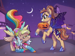 Size: 1512x1134 | Tagged: safe, artist:fault sunrise, oc, oc only, pegasus, pony, bat wings, commission, crescent moon, cutie mark dress, duo, hoof shoes, horn, horn necklace, moon, necklace, pegasus oc, pumpkin bucket, severed horn, wings, ych result