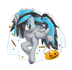 Size: 1378x1338 | Tagged: safe, artist:fault sunrise, oc, oc only, pegasus, pony, basket, candy, food, halloween, holiday, pumpkin bucket, simple background, solo, white background