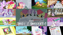 Size: 1986x1117 | Tagged: safe, edit, edited screencap, editor:quoterific, screencap, apple bloom, diamond tiara, princess celestia, rainbow dash, rarity, scootaloo, snails, snips, sweetie belle, twilight sparkle, g4, ponyville confidential, season 2, baby, baby apple bloom, cake, cakelestia, cutie mark crusaders, food, gabby gums, paper boat, printing press, rain, younger