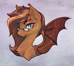 Size: 2088x1870 | Tagged: safe, artist:fault sunrise, oc, oc only, bat pony, pony, abstract background, bat pony oc, bat wings, bust, chest fluff, female, glasses, looking at you, mare, solo, spread wings, wings