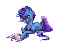 Size: 1890x1463 | Tagged: safe, artist:fault sunrise, oc, oc only, pony, unicorn, book, female, glasses, lying down, mare, prone, reading, simple background, solo, tail wrap, white background
