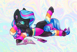 Size: 5315x3543 | Tagged: safe, artist:fault sunrise, oc, oc only, oc:obabscribbler, earth pony, pony, abstract background, cassette player, clothes, earbuds, eyes closed, female, headphones, leg warmers, leotard, lying down, magazine, mare, on side, solo, stretching, unshorn fetlocks