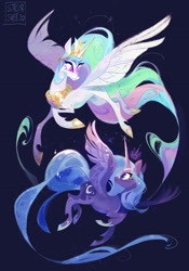 Size: 2550x3651 | Tagged: safe, artist:stasya_sher, princess celestia, princess luna, alicorn, pony, g4, blue background, crown, duo, female, high res, jewelry, mare, profile, regalia, royal sisters, simple background, sisters, spread wings, wings