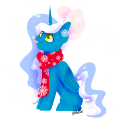 Size: 1024x1008 | Tagged: safe, artist:wicked-red-art, oc, oc:fleurbelle, alicorn, pony, adorabelle, alicorn oc, bow, clothes, cute, female, hair bow, horn, mare, scarf, simple background, snow, snowfall, snowflake, tongue out, transparent background, wings, winter, yellow eyes