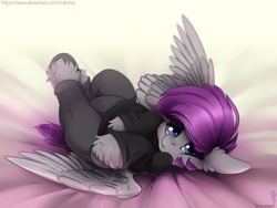 Size: 4000x3000 | Tagged: safe, artist:mithriss, oc, oc only, pegasus, pony, bed, clothes, commission, cute, female, looking at you, lying down, mare, on back, on bed, pants, solo, spread wings, sweater, unshorn fetlocks, wings