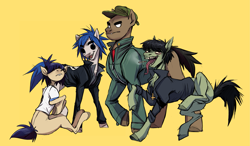 Size: 3487x2033 | Tagged: safe, artist:1an1, earth pony, pony, 2-d, cap, cigarette, clothes, female, gorillaz, group, hat, high res, jacket, lip bite, long tongue, looking at you, male, mare, murdoc, murdoc niccals, noodle, open mouth, ponified, raised hoof, raised leg, russel, russel hobbs, sharp teeth, shirt, simple background, sitting, stallion, standing, t-shirt, teeth, tongue out, yellow background