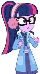 Size: 1503x2772 | Tagged: safe, artist:sketchmcreations, sci-twi, twilight sparkle, blizzard or bust, equestria girls, equestria girls specials, g4, my little pony equestria girls: better together, my little pony equestria girls: holidays unwrapped, clothes, coat, earmuffs, female, open mouth, scarf, simple background, solo, surprised, transparent background, vector, winter outfit