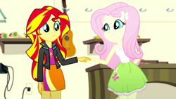 Size: 1920x1080 | Tagged: safe, screencap, fluttershy, sunset shimmer, equestria girls, g4, my little pony equestria girls: summertime shorts, pet project, clothes, cute, eyeshadow, fluttershimmer, fluttershy's shirt, fluttershy's skirt, hairpin, hem, leather, legs together, makeup, skirt, sleeveless, sunset shimmer's skirt, take my hand, tank top