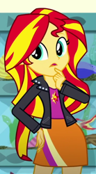 Size: 360x651 | Tagged: safe, screencap, sunset shimmer, equestria girls, g4, my little pony equestria girls: summertime shorts, pet project, clothes, cropped, finger to mouth pose, hmm, jacket, leather jacket, looking around, skirt, solo, thinking