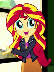 Size: 518x690 | Tagged: safe, screencap, sunset shimmer, equestria girls, g4, my little pony equestria girls: summertime shorts, pet project, clothes, cropped, cute, cutie mark on clothes, jacket, leather, leather jacket, looking at someone, shimmerbetes, shirt, skirt, solo