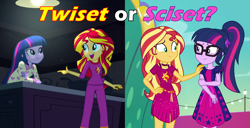 Size: 2187x1116 | Tagged: safe, edit, edited screencap, screencap, sci-twi, sunset shimmer, twilight sparkle, equestria girls, equestria girls specials, g4, my little pony equestria girls: rainbow rocks, my little pony equestria girls: spring breakdown, caption, choice, clothes, female, hand on shoulder, image macro, kitchen, lesbian, pajamas, ship:sci-twishimmer, ship:sunsetsparkle, shipping, shipping war, smiling, text