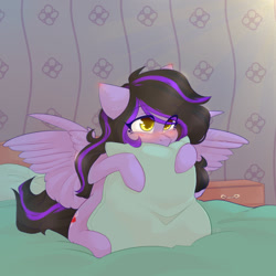 Size: 1224x1224 | Tagged: safe, artist:shinizavr, oc, oc only, pegasus, pony, bed, blushing, commission, hug, pillow, pillow hug, solo, your character here