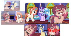 Size: 1280x691 | Tagged: safe, artist:stardustsentryyt105, starlight glimmer, trixie, oc, oc:crimson ruby, oc:star dust, oc:sunrise ruby, g4, alicorn amulet, base used, cupcake, cutiespark, female, filly, food, next generation, offspring, parent:flash sentry, parent:starlight glimmer, parent:sunburst, parent:twilight sparkle, parents:flashlight, parents:starburst