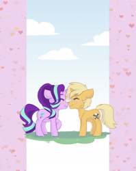 Size: 1508x1891 | Tagged: safe, artist:shinizavr, starlight glimmer, oc, oc:sunlight bolt, pony, unicorn, g4, boop, canon x oc, commission, eyes closed, female, glimmbolt, male, noseboop, romantic, shipping, straight, ych result