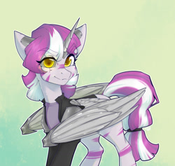 Size: 1170x1107 | Tagged: safe, artist:shinizavr, oc, oc only, oc:berri, pony, zebra, fallout equestria, artificial horn, artificial wings, augmented, commission, cyber, cyber alicorn, cybernetic eyes, cybernetic wings, cyberpunk, solo, stripes, wings, ych result