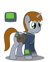 Size: 1000x1250 | Tagged: safe, alternate version, artist:warren peace, oc, oc only, oc:littlepip, pony, unicorn, fallout equestria, bag, bobby pin, clothed ponies, clothes, cutie mark, fallout, female, jumpsuit, mare, pipbuck, saddle bag, shadow, simple background, smiling, solo, stable 2, transparent background, vault suit, vector