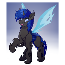 Size: 4000x4000 | Tagged: safe, artist:witchtaunter, oc, oc only, changeling, blue changeling, changeling oc, gradient background, smiling, smiling at you, solo