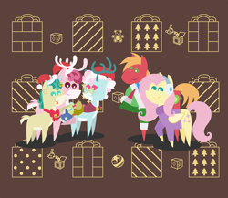 Size: 2160x1872 | Tagged: safe, anonymous artist, alice the reindeer, aurora the reindeer, big macintosh, bori the reindeer, fluttershy, oc, oc:late riser, deer, earth pony, pegasus, pony, reindeer, series:fm holidays, series:hearth's warming advent calendar, g4, abstract background, advent calendar, baby, baby pony, boop, christmas, clothes, colt, female, hat, hat off, hearth's warming, holding a pony, holiday, lineless, male, offspring, pacifier, parent:big macintosh, parent:fluttershy, parents:fluttermac, pointy ponies, santa hat, ship:fluttermac, shipping, straight, sweater, the gift givers, tongue out, turtleneck, winter outfit