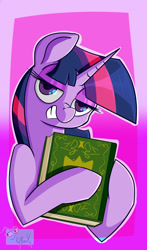 Size: 1280x2181 | Tagged: safe, artist:pigmanxx, twilight sparkle, pony, g4, book, female, looking at you, simple background, smiling, smirk, solo