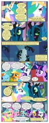 Size: 612x1552 | Tagged: safe, artist:newbiespud, edit, edited screencap, screencap, applejack, fluttershy, pinkie pie, princess celestia, queen chrysalis, rainbow dash, rarity, twilight sparkle, changeling, changeling queen, earth pony, pegasus, pony, unicorn, comic:friendship is dragons, a canterlot wedding, g4, angry, background pony audience, bowtie, bridesmaid applejack, bridesmaid dash, bridesmaid fluttershy, bridesmaid pinkie, bridesmaid rarity, clothes, comic, dialogue, dress, eyelashes, female, flower, flower in hair, freckles, frown, gown, indoors, jewelry, male, mane six, mare, necklace, pearl necklace, peytral, screencap comic, stallion, tiara, unicorn twilight
