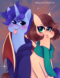 Size: 2979x3867 | Tagged: safe, artist:reallycoykoifish, oc, oc only, oc:slumber tea, oc:tesseract, bat pony, pony, unicorn, :p, clothes, commission, couple, high res, hug, scarf, shojo pone, tongue out, winghug, wings