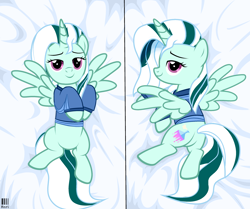 Size: 2994x2500 | Tagged: safe, artist:idkhesoff, oc, oc only, oc:arcana formula, alicorn, pony, alicorn oc, bedroom eyes, blanket, body pillow, body pillow design, butt, clothes, female, high res, hoodie, horn, looking at you, mare, plot, solo, tail, tail aside, wings