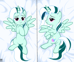 Size: 2994x2500 | Tagged: safe, alternate version, artist:idkhesoff, oc, oc only, oc:arcana formula, alicorn, pony, alicorn oc, bedroom eyes, blanket, body pillow, body pillow design, butt, female, high res, horn, looking at you, mare, plot, solo, tail, tail aside, wings
