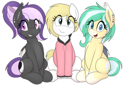 Size: 3000x2077 | Tagged: safe, artist:an-tonio, oc, oc only, oc:icy breeze, oc:nightwalker, oc:whiteout, bat pony, earth pony, pony, 2021 community collab, derpibooru community collaboration, eye clipping through hair, female, grin, high res, looking at you, mare, simple background, sitting, smiling, teeth, transparent background, trio