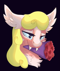 Size: 751x886 | Tagged: safe, artist:seashyntee, oc, oc only, oc:moonsilk, bat pony, pony, bouquet, bouquet of flowers, bust, commission, dark background, fangs, female, flower, mare, mouth hold, rose, solo