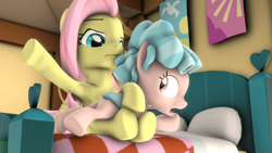 Size: 1280x720 | Tagged: artist needed, safe, cozy glow, fluttershy, pegasus, pony, g4, 3d, bed, butt, dock, female, filly, fluttershy's cottage, mare, over the knee, plot, punishment, shocked expression, source filmmaker, spanking, stern