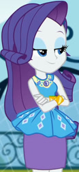 Size: 945x2045 | Tagged: safe, screencap, rarity, equestria girls, equestria girls series, g4, sock it to me, spoiler:choose your own ending (season 2), spoiler:eqg series (season 2), canterlot high, clothes, cropped, crossed arms, cute, dress, female, geode of shielding, gold, jewelry, legs, lidded eyes, magical geodes, necklace, outdoors, raribetes, rarity peplum dress, skirt, sleeveless, smiling, soccer field, sock it to me: rarity, wrist cuffs