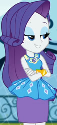 Size: 937x2045 | Tagged: safe, screencap, rarity, equestria girls, g4, my little pony equestria girls: better together, sock it to me, sock it to me: rarity, canterlot high, clothes, cropped, crossed arms, cute, dress, female, geode of shielding, gold, jewelry, legs, lidded eyes, magical geodes, necklace, outdoors, raribetes, rarity peplum dress, skirt, sleeveless, smiling, soccer field, wrist cuffs